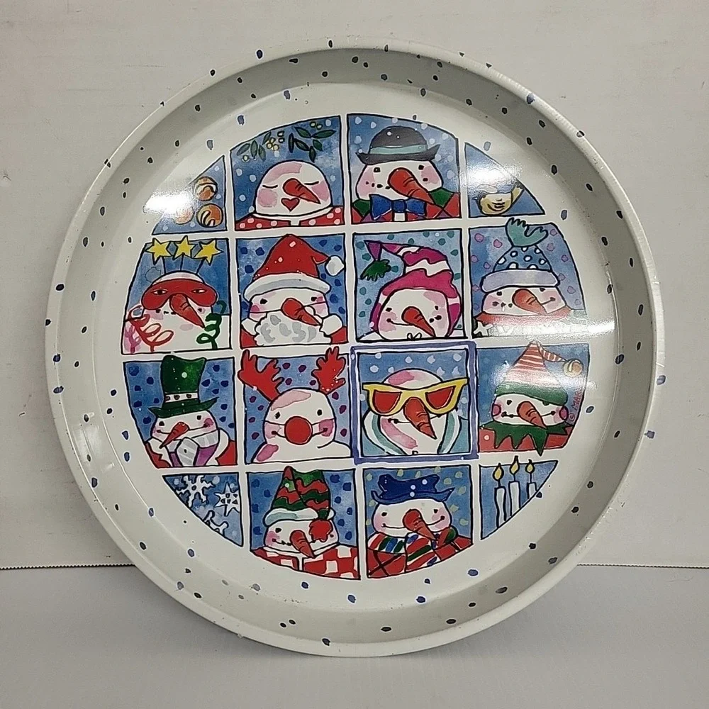 Vintage‎ Metal Tin Christmas Serving Tray  Snowmen Santa